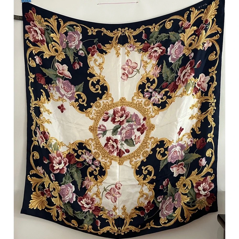 Echo Silk Scarf Large Square Navy Gold Floral Baroque Made in Japan 35in